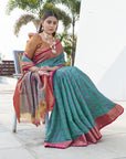 Teal Blue Soft Kashmiri Silk Zari Woven Saree