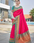 Hot Pink Contrast 1000 Butti Zari Woven Paithani Silk Saree