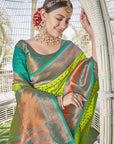 Bright Green Contrast 1000 Butti Zari Woven Paithani Silk Saree