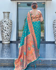 Teal Blue Original Maharashtrian Meenakari Paithani Silk Zari Woven Saree