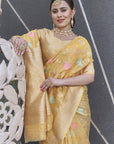 Yellow Organza Jaal Zari Woven Saree