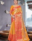 Deep Saffron Kanchipuram Silk Jaal Traditional Rich Zari Woven Saree