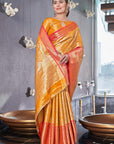 Deep Saffron Kanchipuram Silk Jaal Traditional Rich Zari Woven Saree