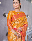 Deep Saffron Kanchipuram Silk Jaal Traditional Rich Zari Woven Saree