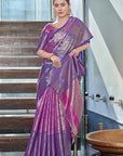 Warm Purple Kanchipuram Silk Jaal Traditional Rich Zari Woven Saree