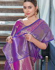 Warm Purple Kanchipuram Silk Jaal Traditional Rich Zari Woven Saree