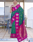 Green Soft Silk Contrast Zari Woven Saree