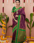 Wine Soft Silk Narayanpeth Paithani Zari Woven Saree with Contrast Weaves