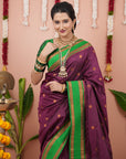 Wine Soft Silk Narayanpeth Paithani Zari Woven Saree with Contrast Weaves