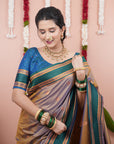 Chickoo Soft Silk Narayanpeth Paithani Zari Woven Saree with Contrast Weaves