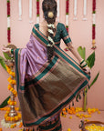 Lavender with Green Soft Silk Narayanpeth Paithani Zari Woven Saree with Contrast Weaves
