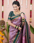 Lavender with Green Soft Silk Narayanpeth Paithani Zari Woven Saree with Contrast Weaves