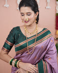 Lavender with Green Soft Silk Narayanpeth Paithani Zari Woven Saree with Contrast Weaves