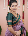 Lavender with Green Soft Silk Narayanpeth Paithani Zari Woven Saree with Contrast Weaves