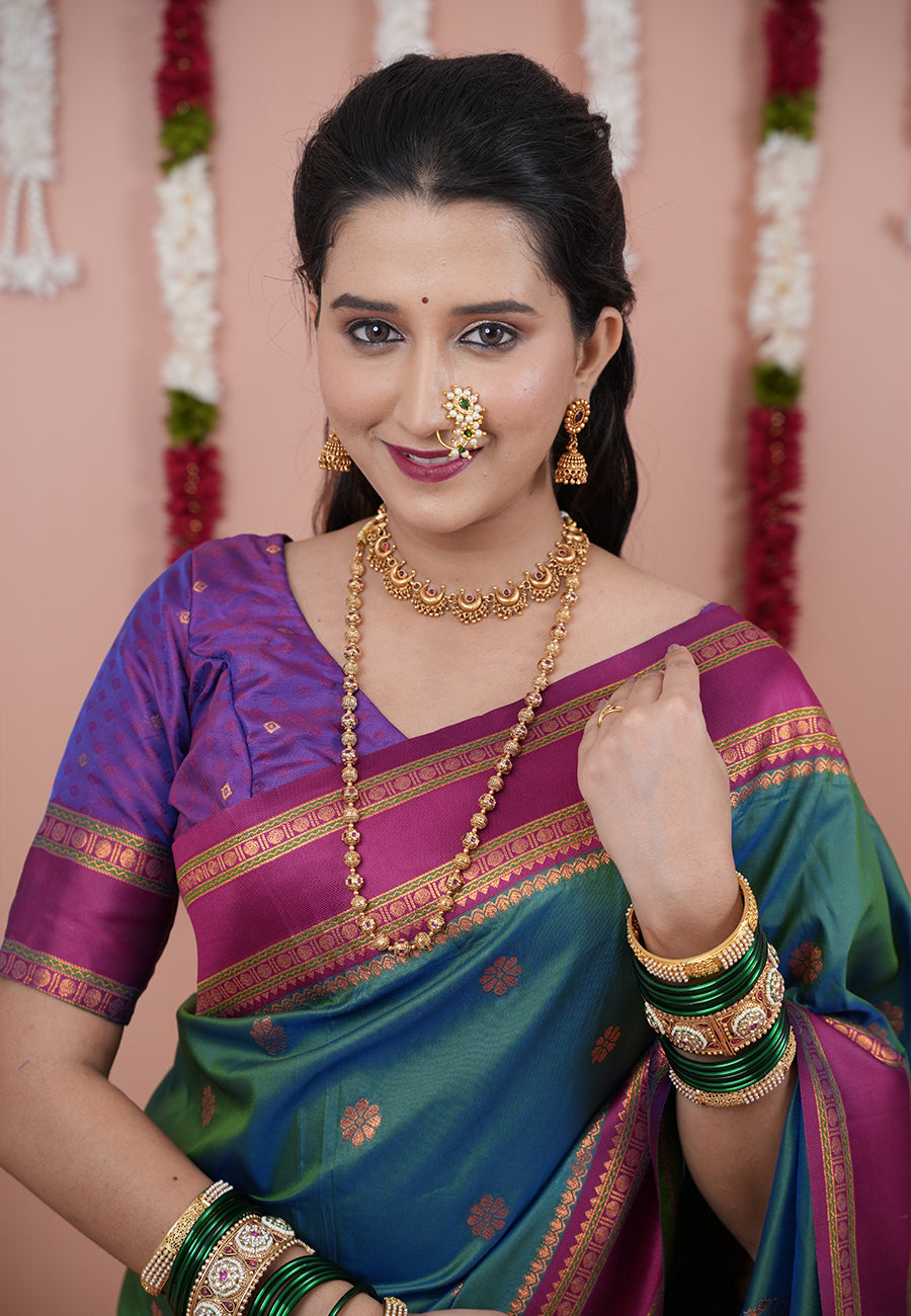Green Soft Silk Narayanpeth Paithani Zari Woven Saree with Contrast Weaves