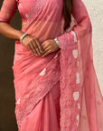 Pure Chanda Kora Silk Saree with Floral Embroidered Buttis And Applique Cutwork Border