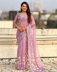 Pure Chanda Kora Silk Saree with Floral Embroidered Buttis And Applique Cutwork Border