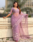 Pure Chanda Kora Silk Saree with Floral Embroidered Buttis And Applique Cutwork Border