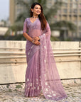Pure Chanda Kora Silk Saree with Floral Embroidered Buttis And Applique Cutwork Border