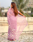 Pure Chanda Kora Silk Saree with Floral Embroidered Buttis And Applique Cutwork Border