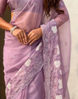 Pure Chanda Kora Silk Saree with Floral Embroidered Buttis And Applique Cutwork Border