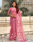 Pure Chanda Kora Silk Saree with Floral Embroidered Buttis And Applique Cutwork Border