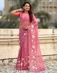 Pure Chanda Kora Silk Saree with Floral Embroidered Buttis And Applique Cutwork Border