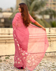 Pure Chanda Kora Silk Saree with Floral Embroidered Buttis And Applique Cutwork Border