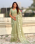 Pure Chanda Kora Silk Saree with Floral Embroidered Buttis And Applique Cutwork Border