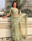 Pure Chanda Kora Silk Saree with Floral Embroidered Buttis And Applique Cutwork Border