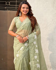 Pure Chanda Kora Silk Saree with Floral Embroidered Buttis And Applique Cutwork Border