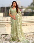 Pure Chanda Kora Silk Saree with Floral Embroidered Buttis And Applique Cutwork Border