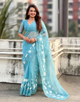 Pure Chanda Kora Silk Saree with Floral Embroidered Buttis And Applique Cutwork Border