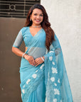 Pure Chanda Kora Silk Saree with Floral Embroidered Buttis And Applique Cutwork Border