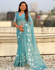 Pure Chanda Kora Silk Saree with Floral Embroidered Buttis And Applique Cutwork Border