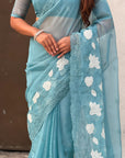 Pure Chanda Kora Silk Saree with Floral Embroidered Buttis And Applique Cutwork Border