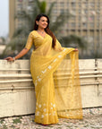 Pure Chanda Kora Silk Saree with Floral Embroidered Buttis And Applique Cutwork Border