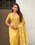 Pure Chanda Kora Silk Saree with Floral Embroidered Buttis And Applique Cutwork Border