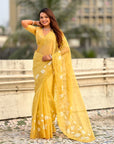 Pure Chanda Kora Silk Saree with Floral Embroidered Buttis And Applique Cutwork Border