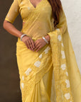 Pure Chanda Kora Silk Saree with Floral Embroidered Buttis And Applique Cutwork Border
