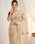 Beige Original Banarasi Checks Saree Designer Party Wear Saree With Beads Handwork Zari Border Rich Pallu Wedding Festive Saree