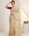 Beige Original Banarasi Checks Saree Designer Party Wear Saree With Beads Handwork Zari Border Rich Pallu Wedding Festive Saree