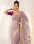 Lavender Original Banarasi Checks Saree Designer Party Wear Saree With Beads Handwork Zari Border Rich Pallu Wedding Festive Saree