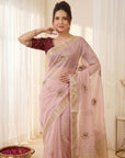 Pink Original Banarasi Checks Saree Designer Party Wear Saree With Beads Handwork Zari Border Rich Pallu Wedding Festive Saree