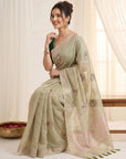 Pista Original Banarasi Checks Saree Designer Party Wear Saree With Beads Handwork Zari Border Rich Pallu Wedding Festive Saree