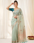 Sky Original Banarasi Checks Saree Designer Party Wear Saree With Beads Handwork Zari Border Rich Pallu Wedding Festive Saree