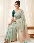 Sky Original Banarasi Checks Saree Designer Party Wear Saree With Beads Handwork Zari Border Rich Pallu Wedding Festive Saree