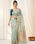 Sky Original Banarasi Checks Saree Designer Party Wear Saree With Beads Handwork Zari Border Rich Pallu Wedding Festive Saree