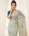 Sky Original Banarasi Checks Saree Designer Party Wear Saree With Beads Handwork Zari Border Rich Pallu Wedding Festive Saree