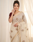 White Original Banarasi Checks Saree Designer Party Wear Saree With Beads Handwork Zari Border Rich Pallu Wedding Festive Saree